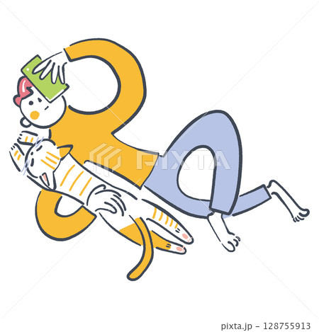 ペットとの生活　猫を抱いて寝転がってスマホを見る男性　ストックイラスト素材 128755913