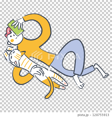 ペットとの生活　猫を抱いて寝転がってスマホを見る男性　ストックイラスト素材 128755913