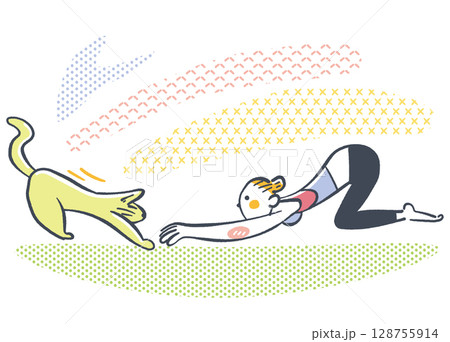 ペットとの生活 猫とネコのヨガポーズを取る女性 ストックイラスト素材 ペットとの生活 猫とネコのヨガポーズを取る女性 ストックイラスト素材 128755914