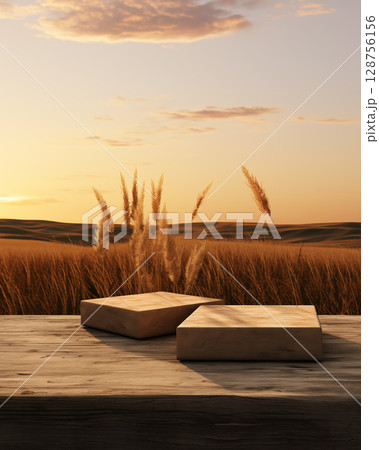 Product display stone podium Among the wheat fields, evening light 128756156