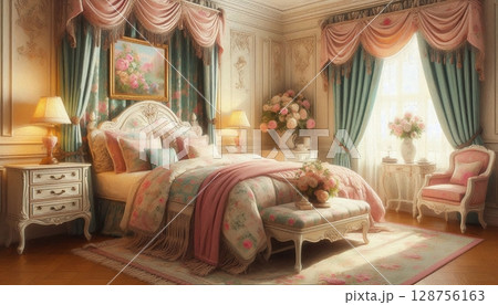 Elegant Vintage French Bedroom with Floral Decor and Romantic Drapes 128756163