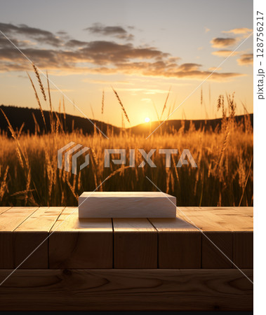Product display stone podium Among the wheat fields, evening light 128756217
