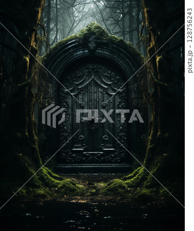 A wooden door in the deep forest A wooden door in the deep forest 128756243