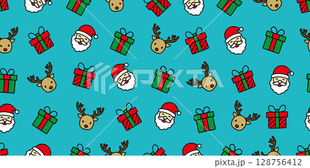 カラフルでかわいいクリスマスアイコンのシームレスパターン・背景素材 128756412