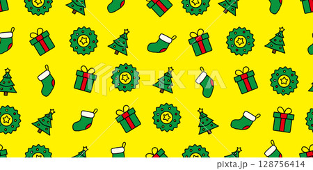 カラフルでかわいいクリスマスアイコンのシームレスパターン・背景素材 128756414