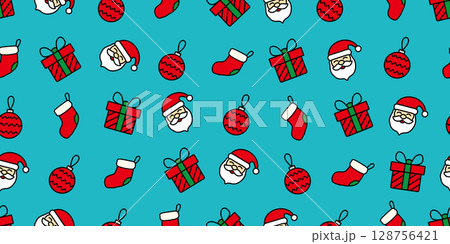 カラフルでかわいいクリスマスアイコンのシームレスパターン・背景素材 128756421