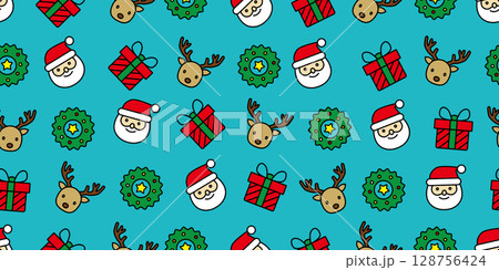 カラフルでかわいいクリスマスアイコンのシームレスパターン・背景素材 128756424