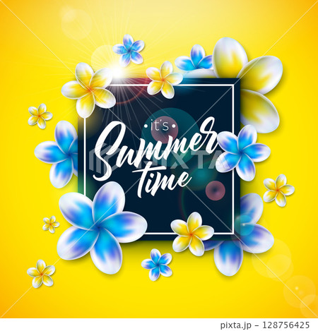 Its Summer Time Holiday Banner Design with Tropical Flower and Typography Lettering on Sun Yellow Background. Vector Vacation Illustration for Flyer, Invitation, Brochure, Poster, Web Banner or 128756425