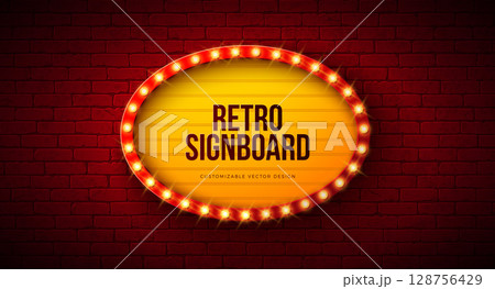 Retro Signboard Lightbox Banner Design with Glowing Light Bulb Frame Billboard on Vintage Brick Wall Background. Vector Customizable Marquee Sign Illustration for Casino Advertising, Theater Show Retro Signboard Lightbox Banner Design with Glowing Light Bulb Frame Billboard on Vintage Brick Wall Background. Vector Customizable Marquee Sign Illustration for Casino Advertising, Theater Show 128756429