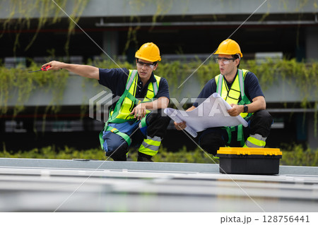 Team technicians and engineers working installing and inspection standards of solar panels on roof of industrial factory. Energy solutions from nature sunlight clean renewable. Team technicians and engineers working installing and inspection standards of solar panels on roof of industrial factory. Energy solutions from nature sunlight clean renewable. 128756441