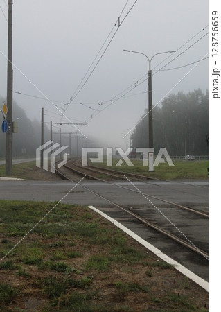 The railway is in the fog. Limited visibility due to fog 128756659