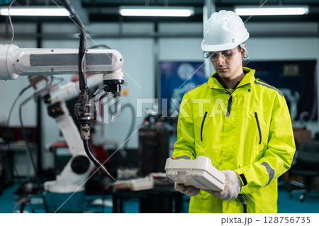 Robotic automatic technician man holding remote checking plan system of automation machine. Programming machinery welding robot in production at manufacturing industrial. Robotic automatic technician man holding remote checking plan system of automation machine. Programming machinery welding robot in production at manufacturing industrial. 128756735