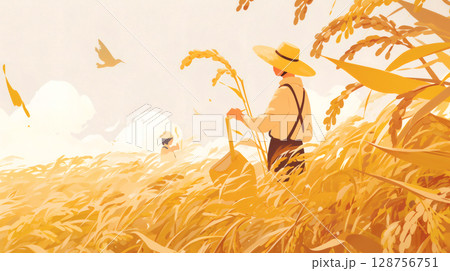 稲刈りイメージイラスト 稲刈りイメージイラスト 128756751