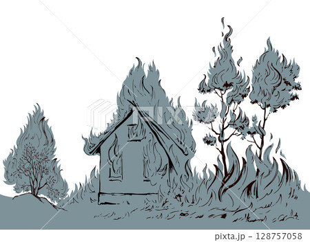 Vector drawing. Burning house and trees Vector drawing. Burning house and trees 128757058