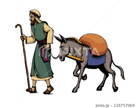 Vector drawing. Donkey loaded with cargo 128757069