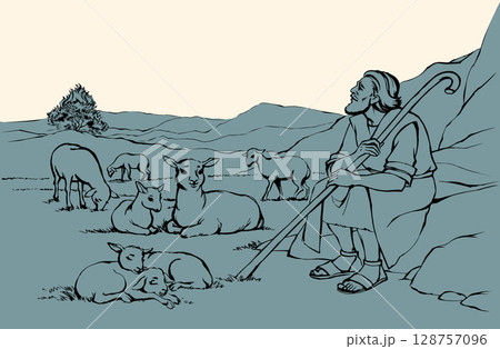 Vector drawing. Shepherd with sheep. Moses look at flaming bush 128757096