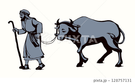 Vector drawing. A man leads an ox 128757131