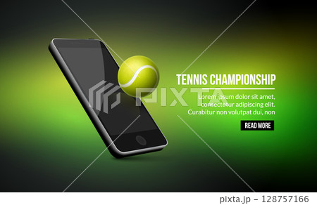 Tennis championship mobile app promotion with green tennis ball emerging from smartphone on black Tennis championship mobile app promotion with green tennis ball emerging from smartphone on black 128757166