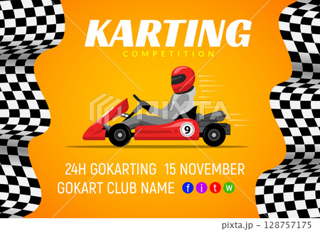 Go kart race background poster. Karting race car cartoon helmet driver sport backgorund 128757175