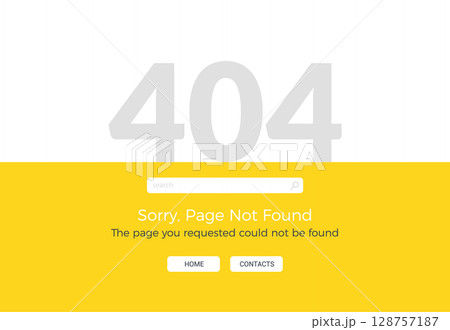 Modern 404 error page template with search bar and navigation buttons on yellow and white background Modern 404 error page template with search bar and navigation buttons on yellow and white background 128757187