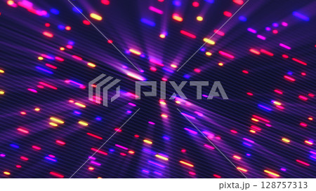 Abstract digital explosion of multicolored neon light particles with a dynamic burst effect on a dark background 128757313