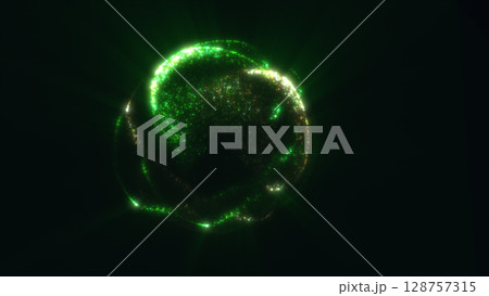 Sparkling green energy sphere emitting radiant pulses and colorful glitter-like light in darkness 128757315