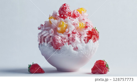 ガラスの器に入ったいちごのかき氷 128757773