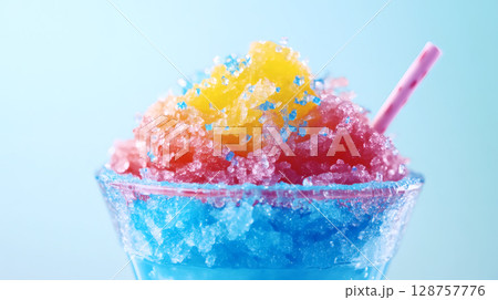 ガラスの器に入ったかき氷、氷、アイス、白背景、イメージ、イラスト 128757776