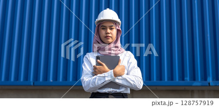 Muslim woman industrial engineer in uniform wearing safety white hard hat holding tablet at containers loading. Area logistics import export and shipping cargo freight ship. Muslim woman industrial engineer in uniform wearing safety white hard hat holding tablet at containers loading. Area logistics import export and shipping cargo freight ship. 128757919