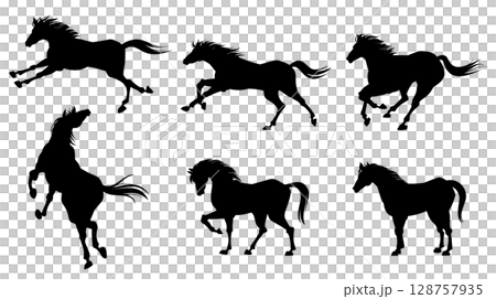 いろいろなポーズの馬のシルエット、午年の年賀状素材 128757935