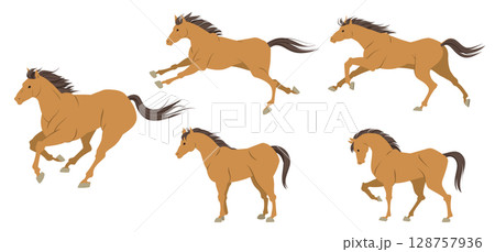 いろいろなポーズの馬のイラスト、午年の年賀状素材 128757936