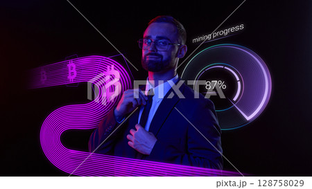 Businessman fixing tie with bitcoin mining progress indicator in purple neon 128758029