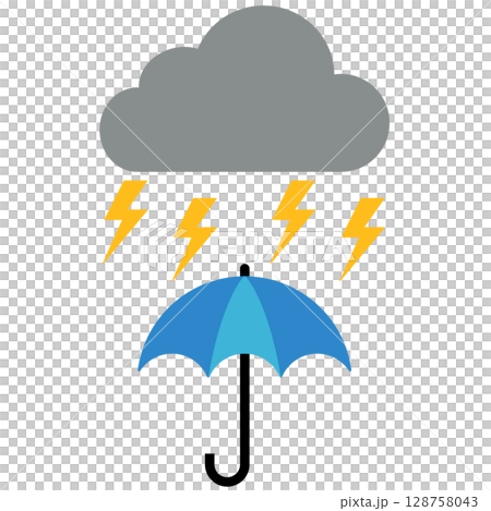 帶有雷雲和藍色雨傘的天氣圖標 帶有雷雲和藍色雨傘的天氣圖標 128758043