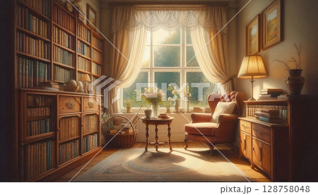 Cozy Vintage Home Library with Armchair and Sunlit Window Cozy Vintage Home Library with Armchair and Sunlit Window 128758048