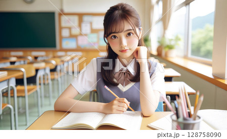 教室で勉強する笑顔が可愛い女子高校生 128758090