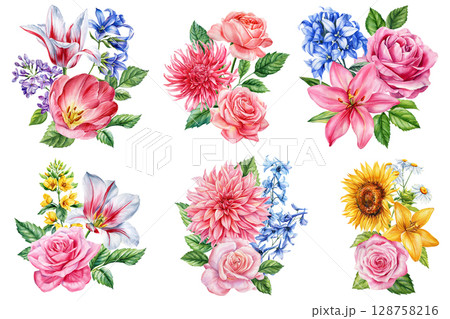 Watercolor floral bouquets set with roses tulips lilies dahlias sunflowers chamomiles and blue flowers botanical clipart 128758216