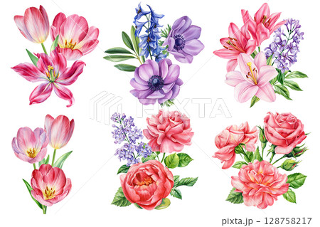 Watercolor floral bouquet set with tulips lilies roses anemones lilac peony spring flowers botanical clipart collection Watercolor floral bouquet set with tulips lilies roses anemones lilac peony spring flowers botanical clipart collection 128758217
