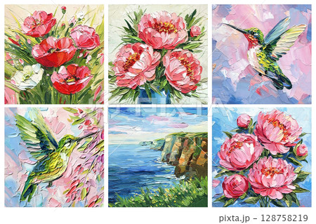 Floral birds and seascape impasto acrylic painting set with peonies poppies hummingbirds and coastal cliffs wall art collage Floral birds and seascape impasto acrylic painting set with peonies poppies hummingbirds and coastal cliffs wall art collage 128758219