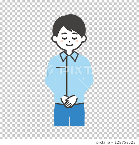 一名男子穿著工作服和西裝鞠躬的插圖 一名男子穿著工作服和西裝鞠躬的插圖 128758325