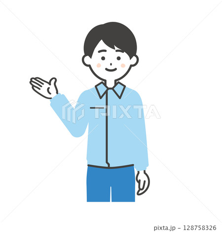 手で指すスーツの上に作業着を着た男性イラスト 128758326