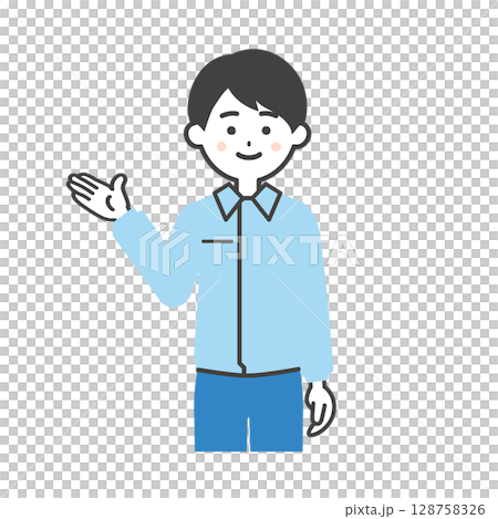 手で指すスーツの上に作業着を着た男性イラスト 128758326