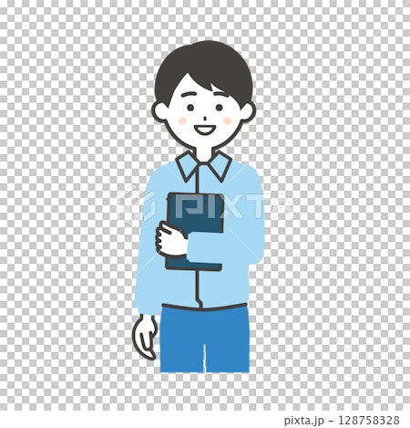 Illustration of a man wearing work clothes over a suit holding documents 128758328