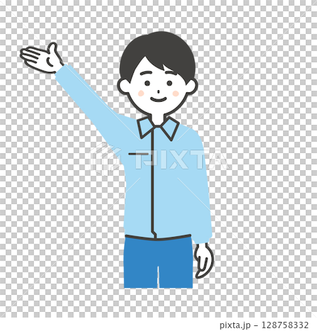 手で上のほうを指すスーツの上に作業着を着た男性イラスト 手で上のほうを指すスーツの上に作業着を着た男性イラスト 128758332