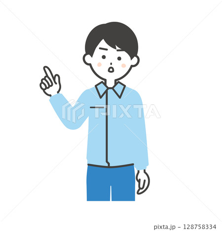 真面目な顔で指を指すスーツの上に作業着を着た男性イラスト 128758334