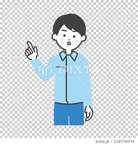 真面目な顔で指を指すスーツの上に作業着を着た男性イラスト 128758334