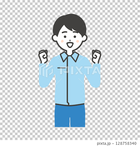 一名男子穿著工作服和西裝，雙手握拳的插圖 128758340