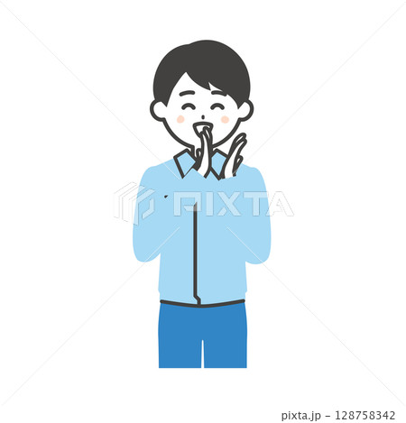 笑顔で拍手をするスーツの上に作業着を着た男性イラスト 128758342