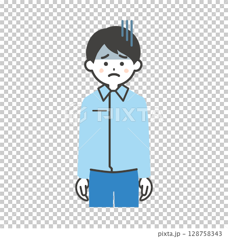 一名男子穿著工作服和西裝，表情陰沉的插圖 128758343