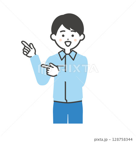 両手の指をさすスーツの上に作業着を着た男性イラスト 128758344