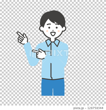 一名男子穿著工作服和西裝，雙手指向的插圖 128758344